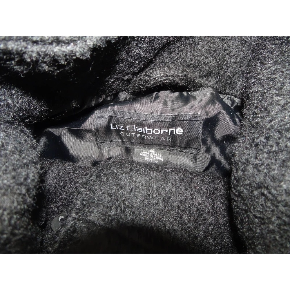 Liz Claiborne Sz M Women's Black Boucle Faux Fur Hooded Wool Blend Swing Coat - Picture 6 of 9